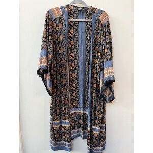 Angie Open Front Kimono Duster Size M Blue Hippie Boho Beach Resort Artsy